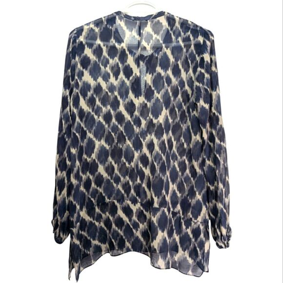 Club Monaco Women's Navy Blue Sheer 100% Silk Abstract Tie Neck Tunic Blouse - Picture 2 of 8